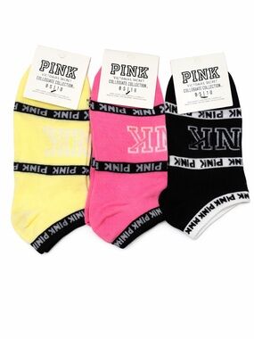 Victoria’s Secret PINK Collegiate Ankle Socks Set of 3 Yellow Pink Black NWT